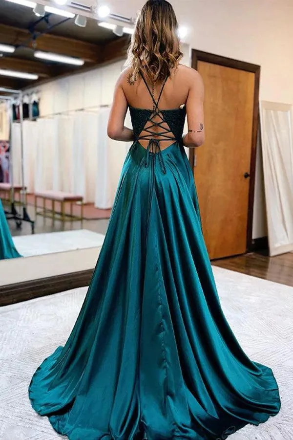 A-Line Long Satin Dark Green Prom Evening Dress with Split  PSK406