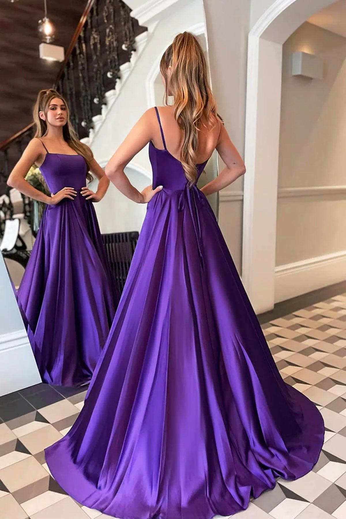 A-line Satin Scoop Neck Long Prom Dress Straps Formal Dress PSK356