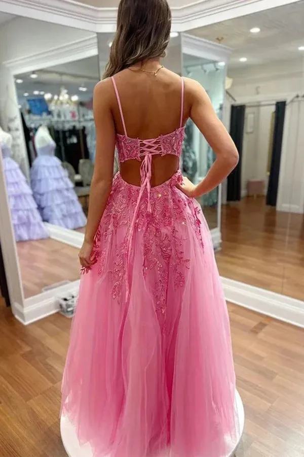 A Line V Neck Hot Pink Lace Long Prom Dresses with Slit PSK551