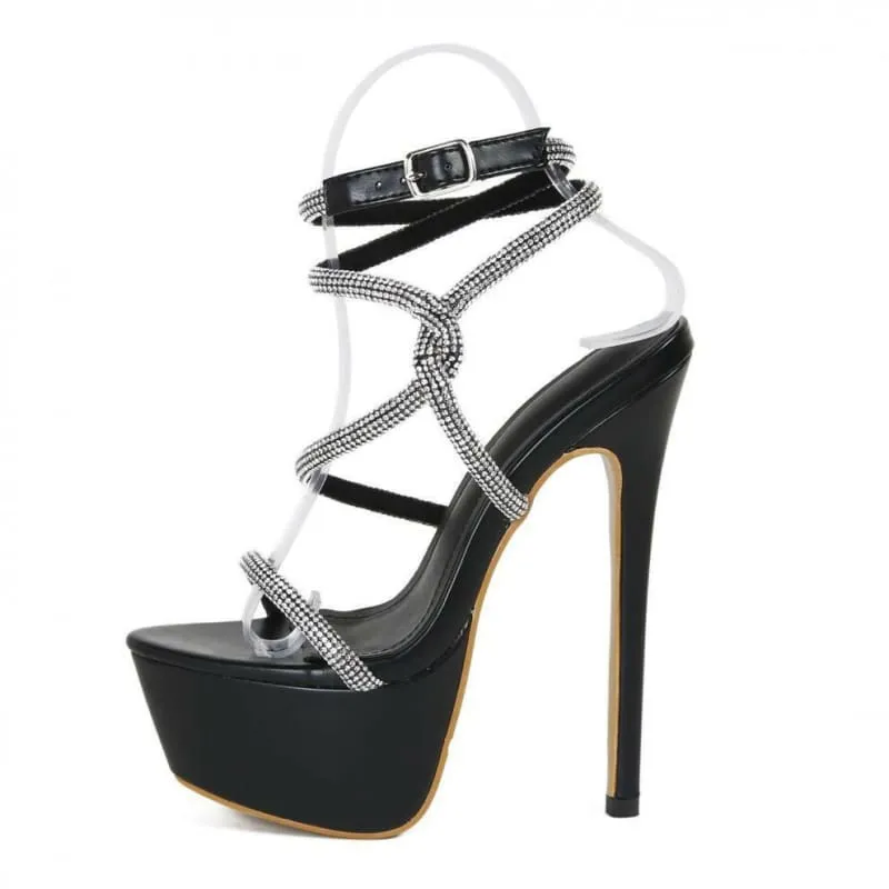 Black High-heeled Waterproof Platform Rhinestone Catwalk Sandals