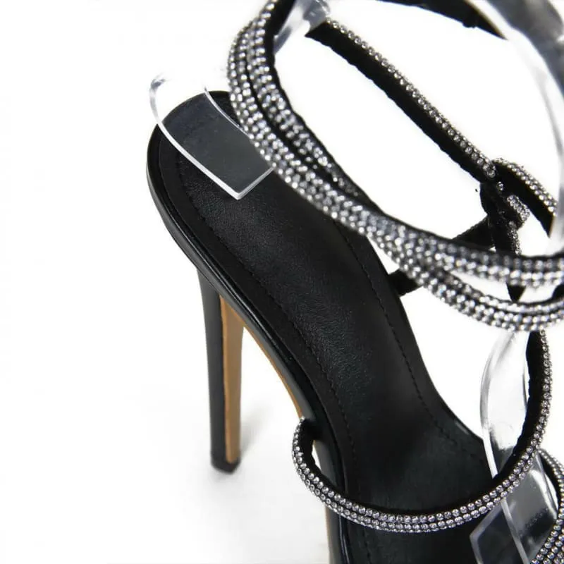 Black High-heeled Waterproof Platform Rhinestone Catwalk Sandals