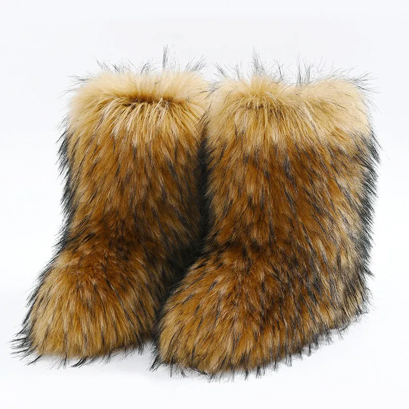 Cross-Border Faux Raccoon Faux Fox Fur Mid-Calf Winter Shoes