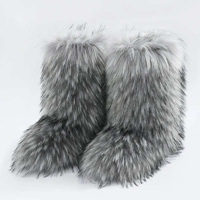 Cross-Border Faux Raccoon Faux Fox Fur Mid-Calf Winter Shoes