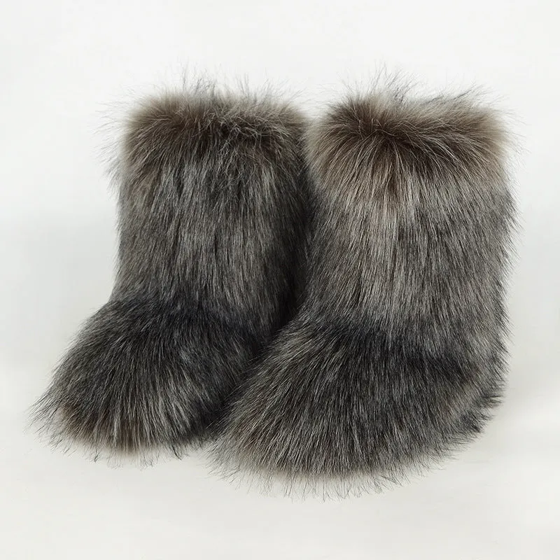 Cross-Border Faux Raccoon Faux Fox Fur Mid-Calf Winter Shoes