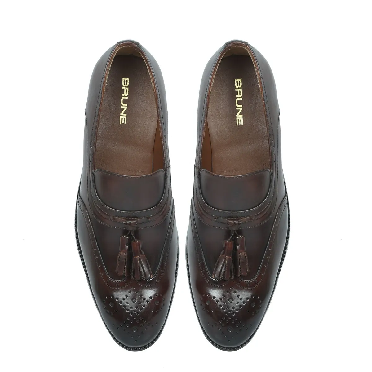 Dark Brown Leather Sassy Tassels Slip-Ons by Brune & Bareskin