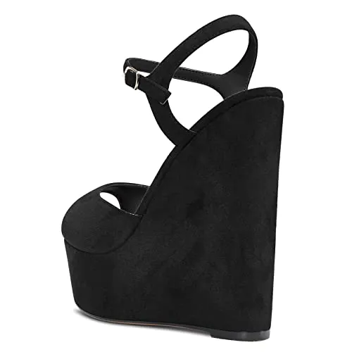 DearOnly Womens Wedge Platform Sandals Peep Open Toe Ankle Strap Block Chunky Heel Suede Dress Shoes Bridal Wedding Shopping Cute Black 6 Inch