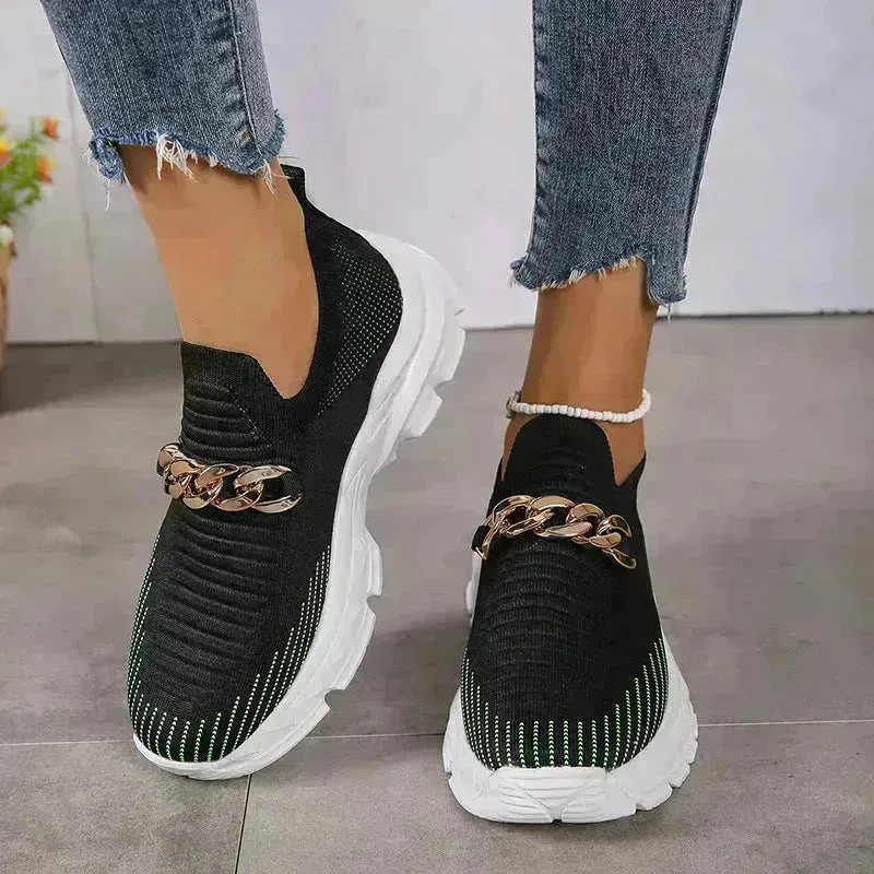 Fashion Chain Design Mesh Shoes For Women Breathable Casual Soft Sole Walking Sock Slip On Flat Chunky Sneakers Shoes for Women