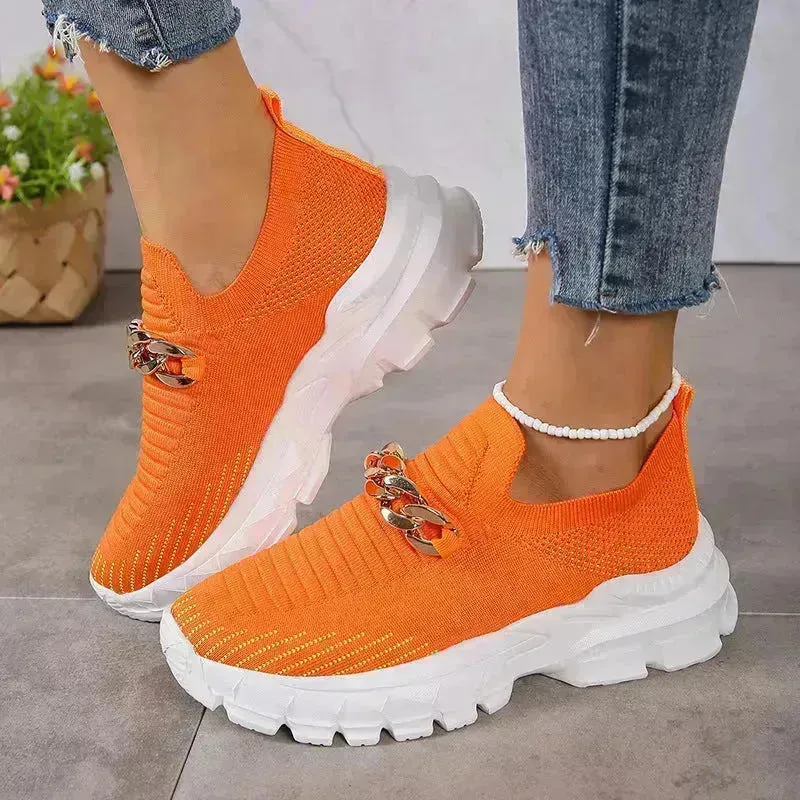 Fashion Chain Design Mesh Shoes For Women Breathable Casual Soft Sole Walking Sock Slip On Flat Chunky Sneakers Shoes for Women