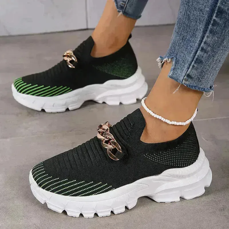 Fashion Chain Design Mesh Shoes For Women Breathable Casual Soft Sole Walking Sock Slip On Flat Chunky Sneakers Shoes for Women