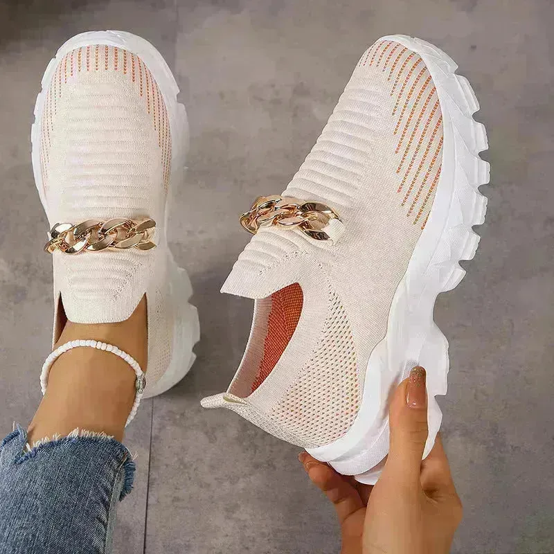 Fashion Chain Design Mesh Shoes For Women Breathable Casual Soft Sole Walking Sock Slip On Flat Chunky Sneakers Shoes for Women