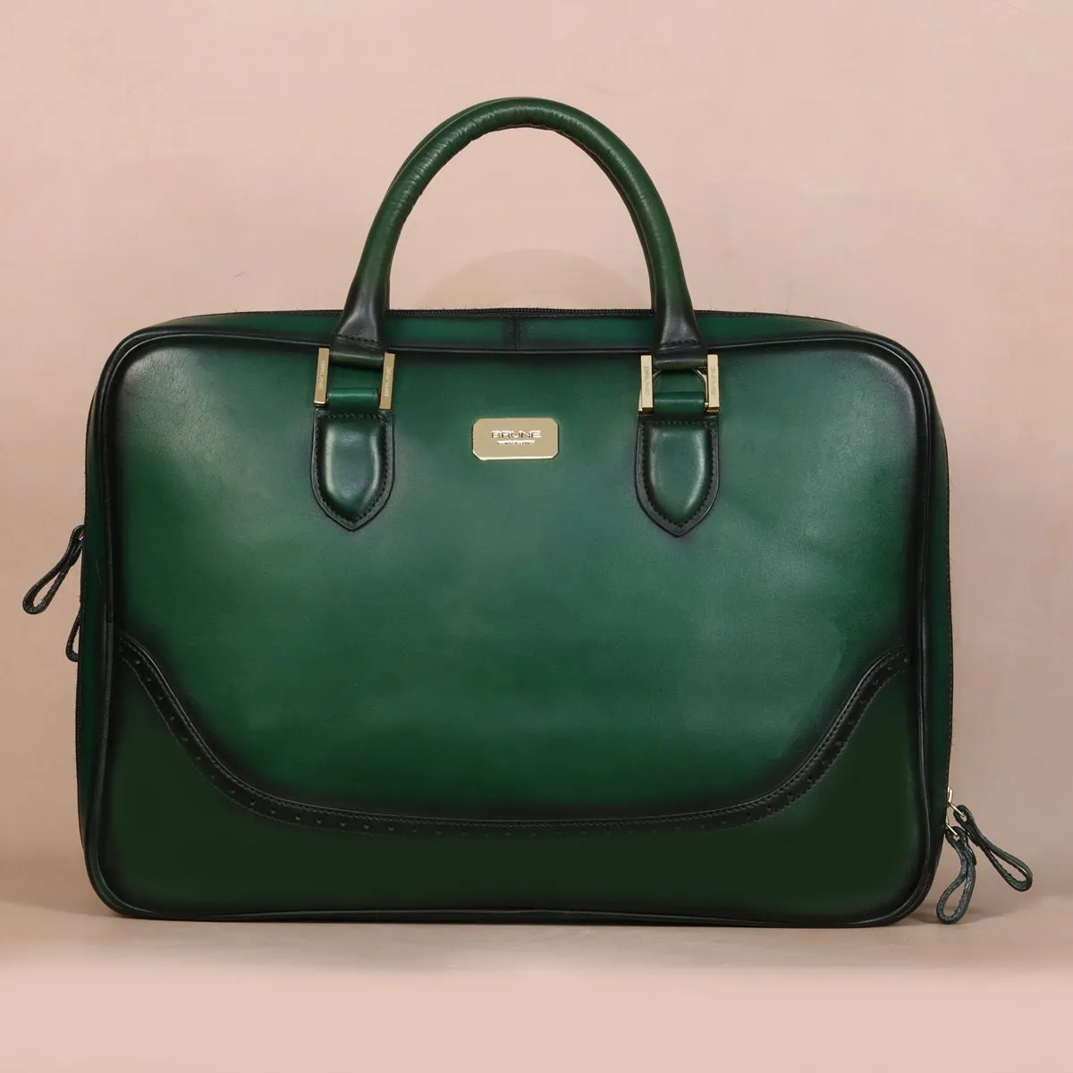 Green Leather Laptop Office Briefcase With Brogue Detailing