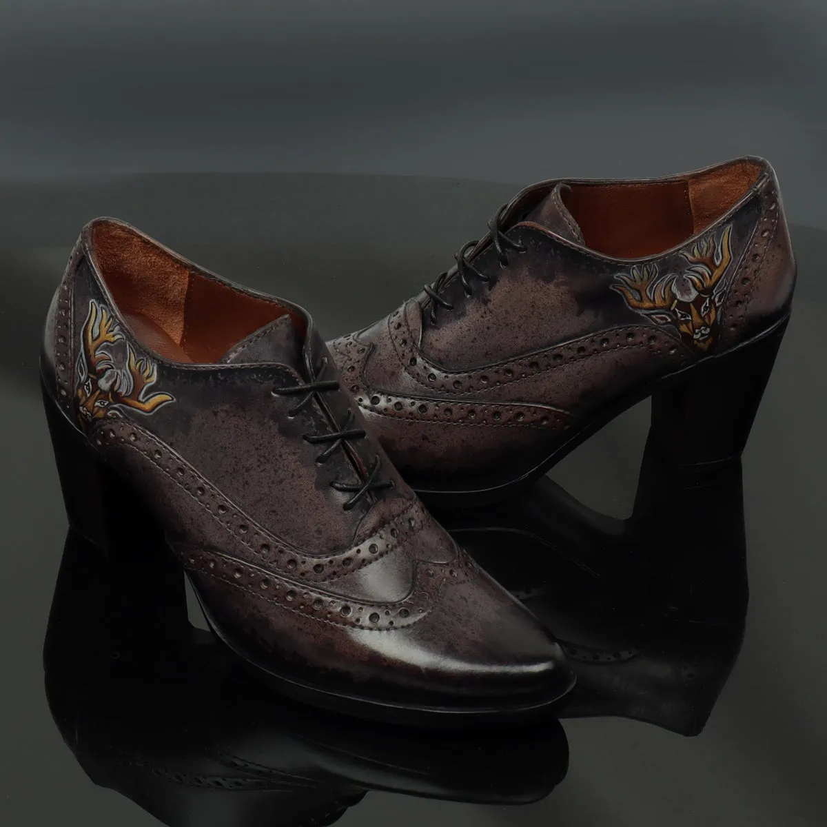 Hand Painted Deer Head Cloudy Grey-Black Full Wingtip Punching Brogues Oxford Patent Leather Boots by Brune & Bareskin