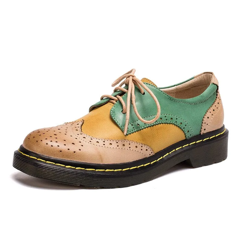 Handmade Color Blocking Wingtip Brogues Leather Lace Up Oxfords For Women Martin Sole 10 Colors