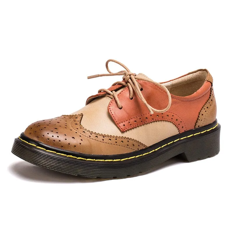 Handmade Color Blocking Wingtip Brogues Leather Lace Up Oxfords For Women Martin Sole 10 Colors