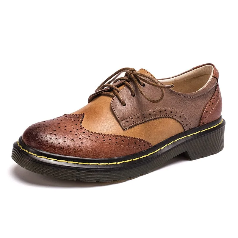 Handmade Color Blocking Wingtip Brogues Leather Lace Up Oxfords For Women Martin Sole 10 Colors