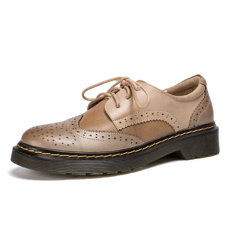 Handmade Color Blocking Wingtip Brogues Leather Lace Up Oxfords For Women Martin Sole 10 Colors