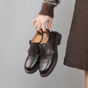 Handmade Leather Double Strap Brogues Loafers For Women in Brown/Black