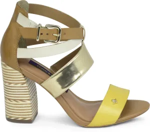 Heeled Ankle Strap Sandal - Yellow-Off-White-Golden - Cravo e Canela