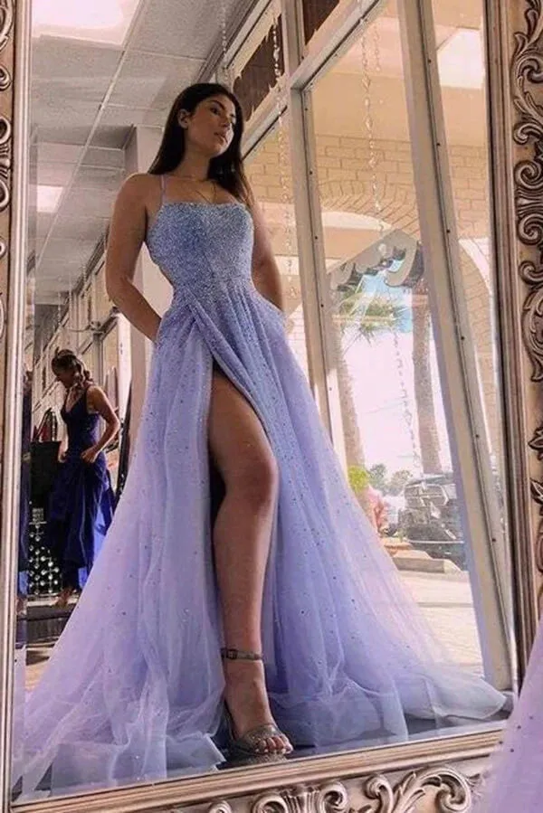 Lavender Tulle A-line Beaded Long Prom Dresses Party Dresses With Slit  PSK436