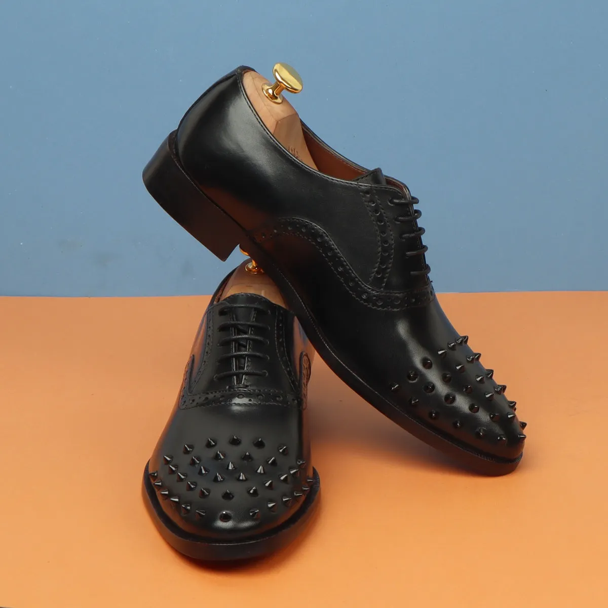 Men's Black Quarter Brogue Oxford Leather Shoes with Studded Toe by Brune & Bareskin