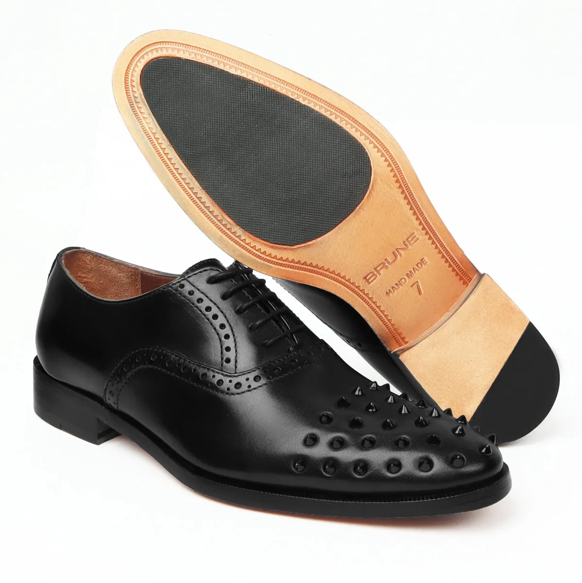 Men's Black Quarter Brogue Oxford Leather Shoes with Studded Toe by Brune & Bareskin