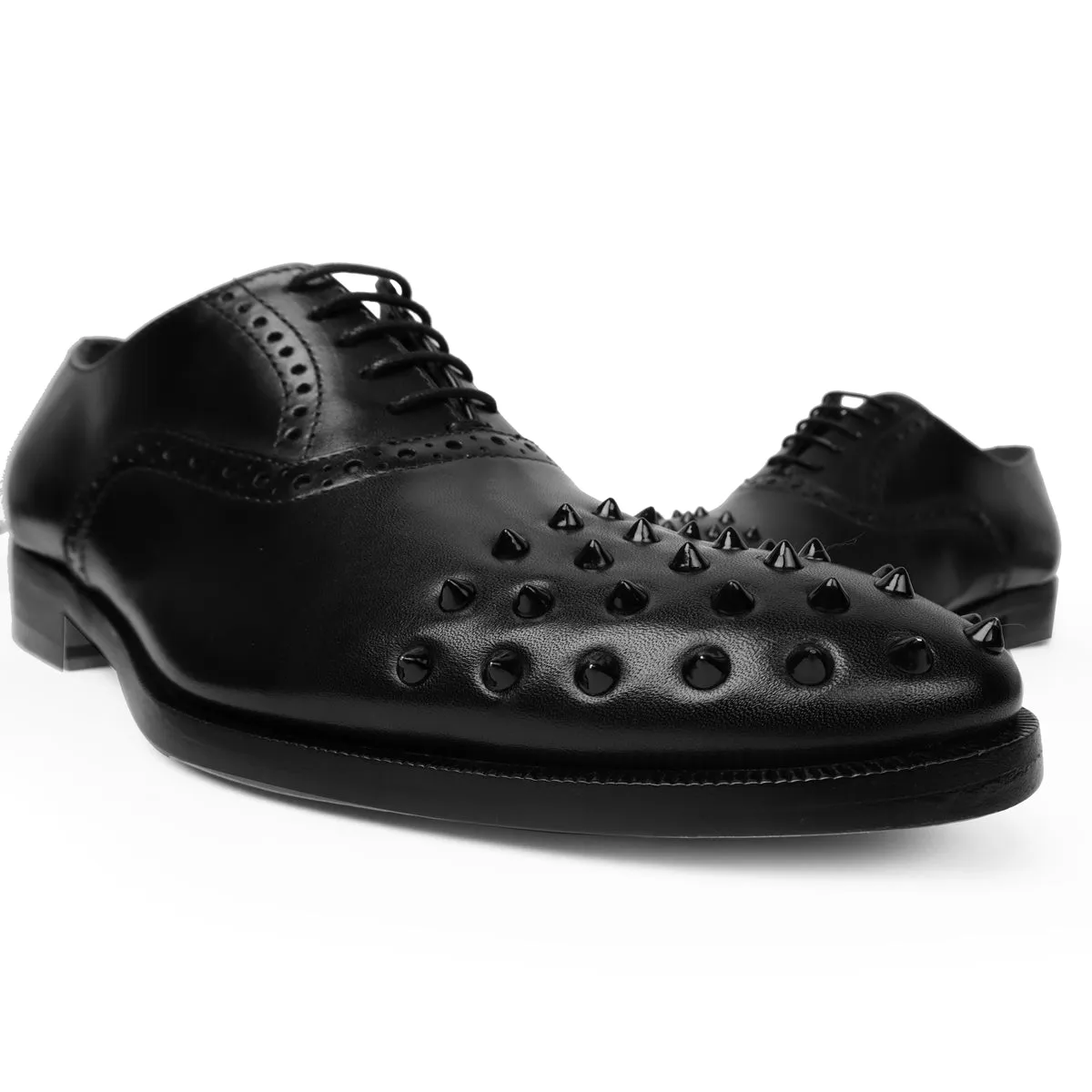 Men's Black Quarter Brogue Oxford Leather Shoes with Studded Toe by Brune & Bareskin