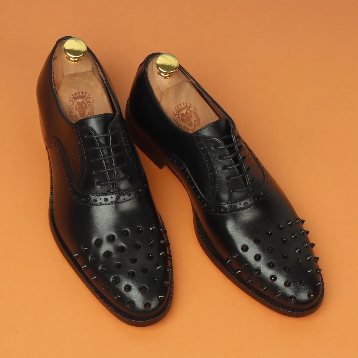 Men's Black Quarter Brogue Oxford Leather Shoes with Studded Toe by Brune & Bareskin