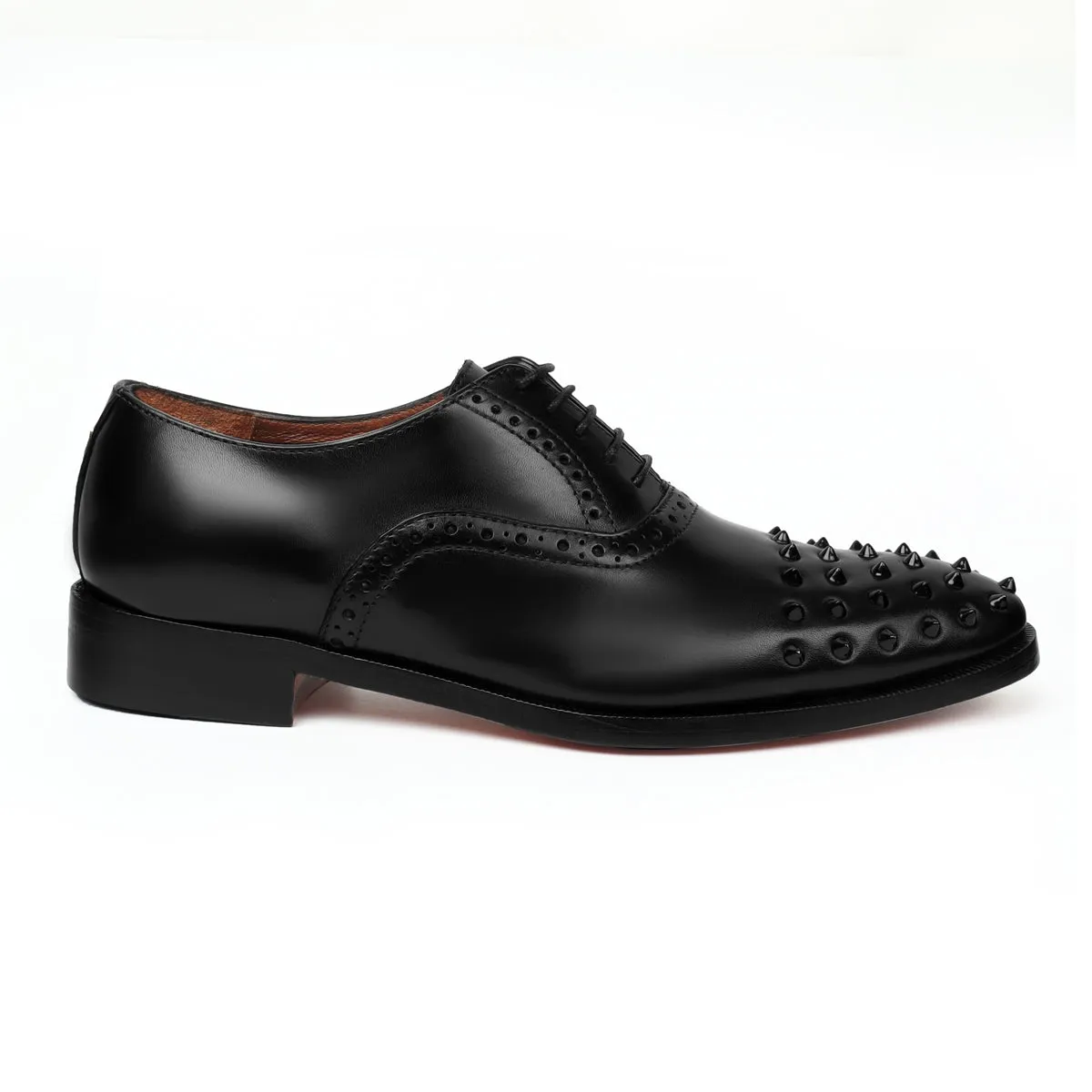 Men's Black Quarter Brogue Oxford Leather Shoes with Studded Toe by Brune & Bareskin