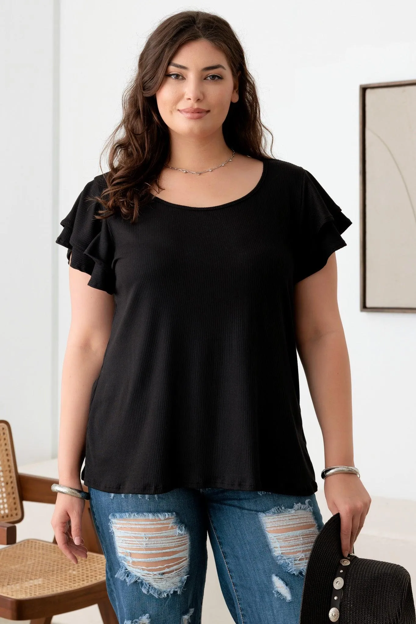 Plus Size Short fluttery sleeves Round Neck Top