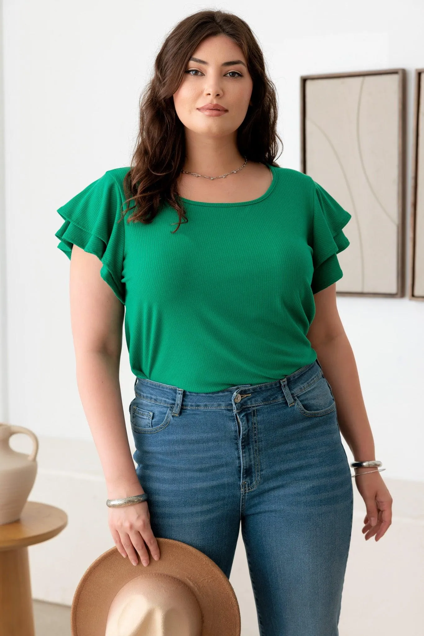 Plus Size Short fluttery sleeves Round Neck Top