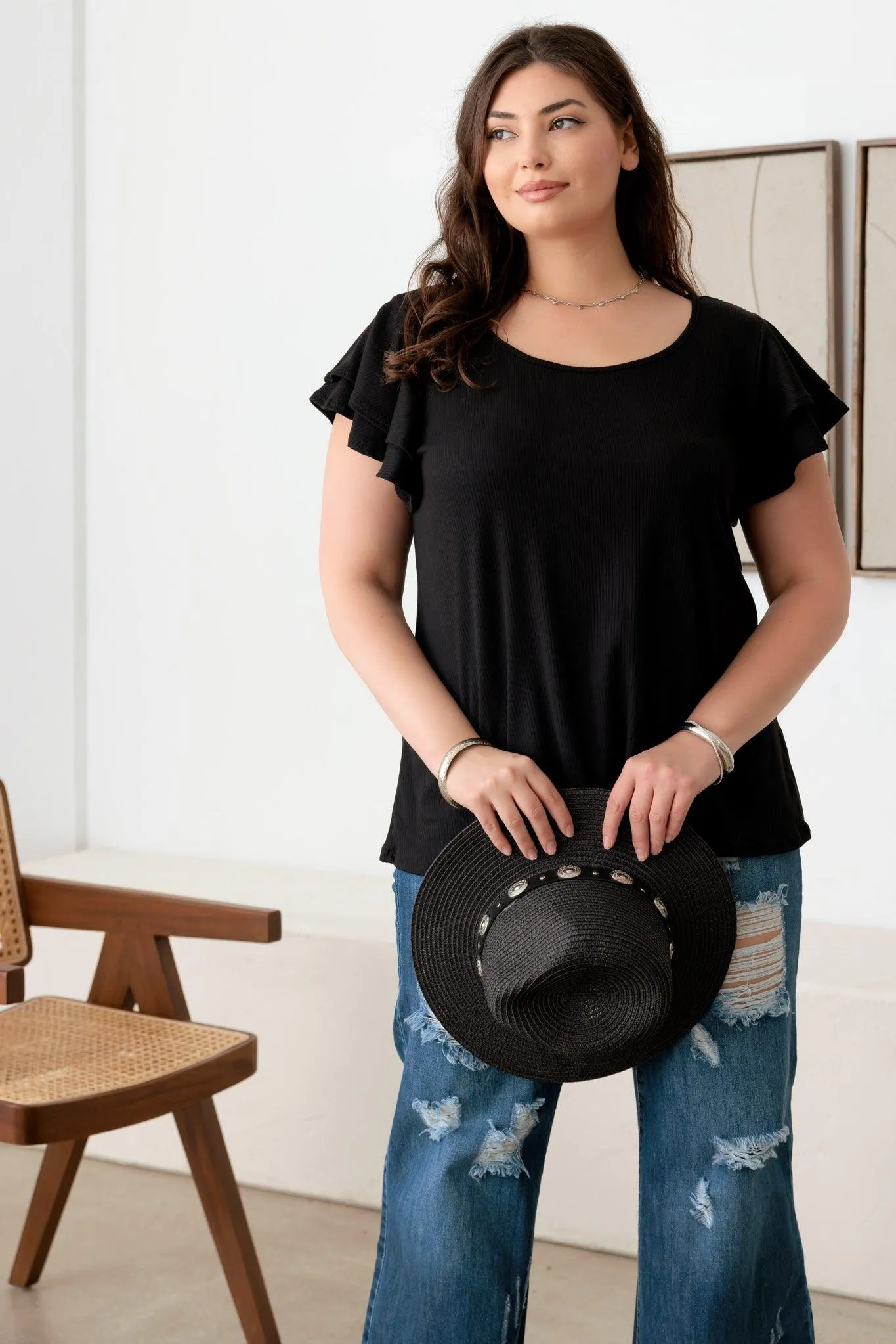 Plus Size Short fluttery sleeves Round Neck Top