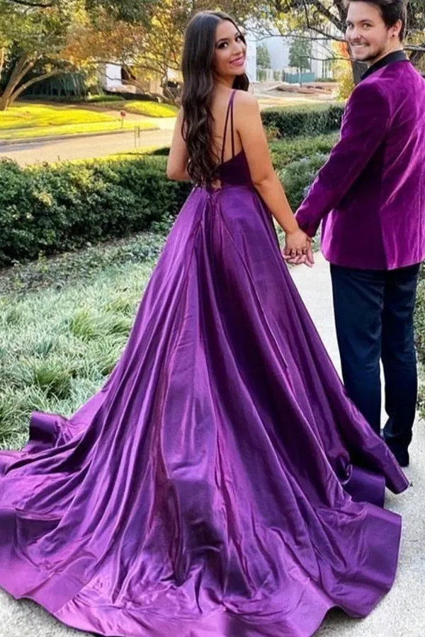 Purple Satin A-line Backless Long Prom Dress With Slit PSK521