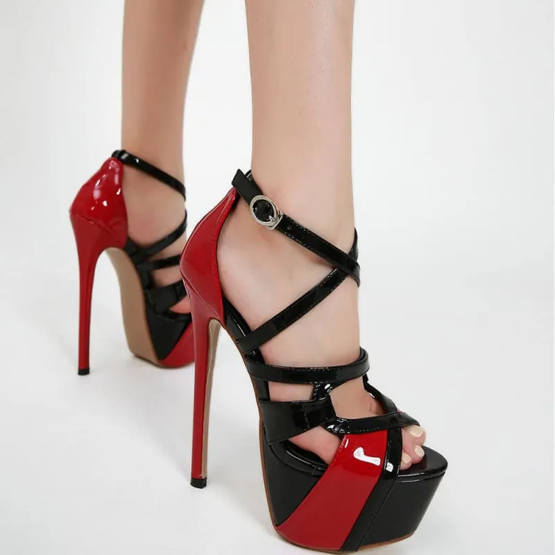 Red and Black Cross Buckle Women’s Platform Stiletto Strappy Sandals