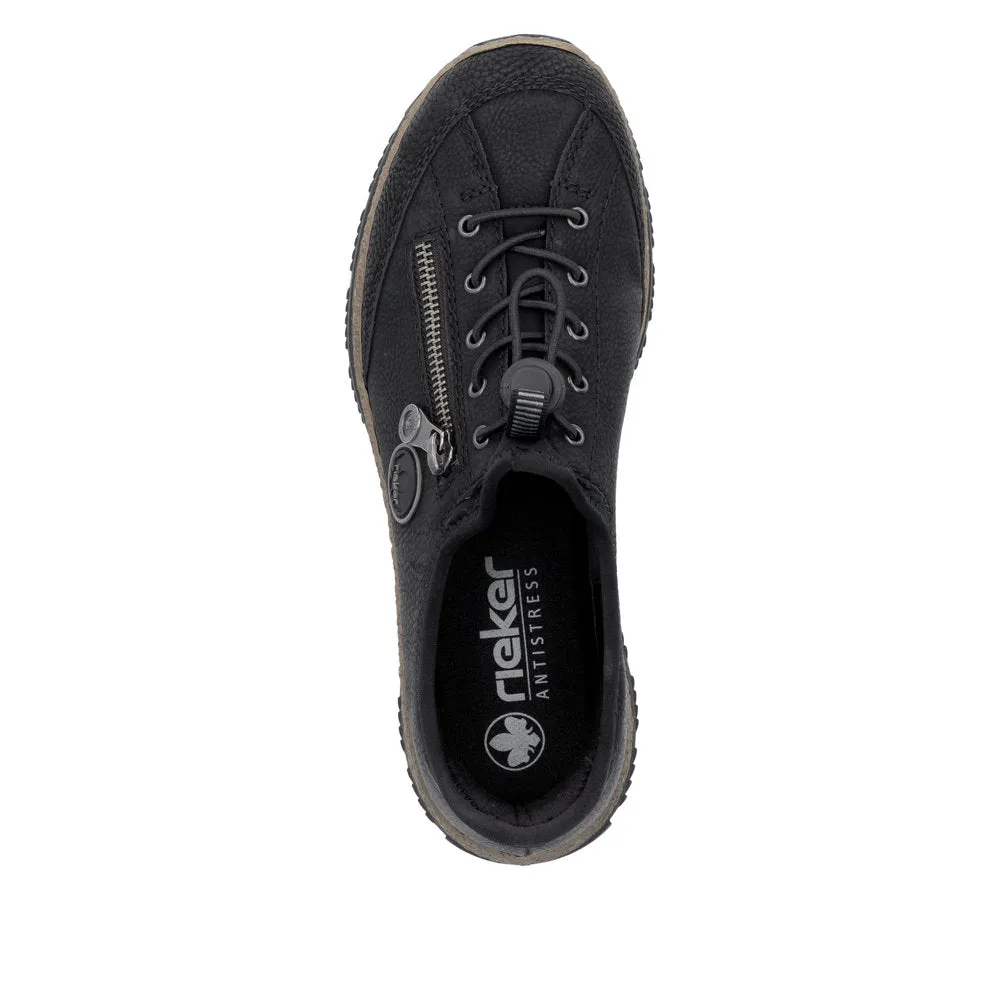 Rieker Black Slip On Shoes Toggle Bungee Lace Ready To Go N3267-01