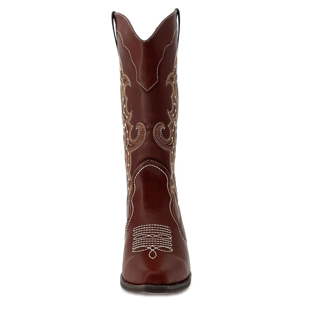 SheSole Womens Wide Calf Cowboy Cowgirls Boots Brown