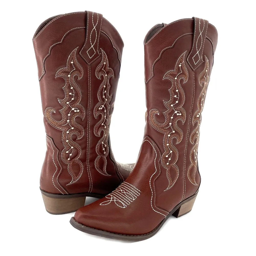 SheSole Womens Wide Calf Cowboy Cowgirls Boots Brown