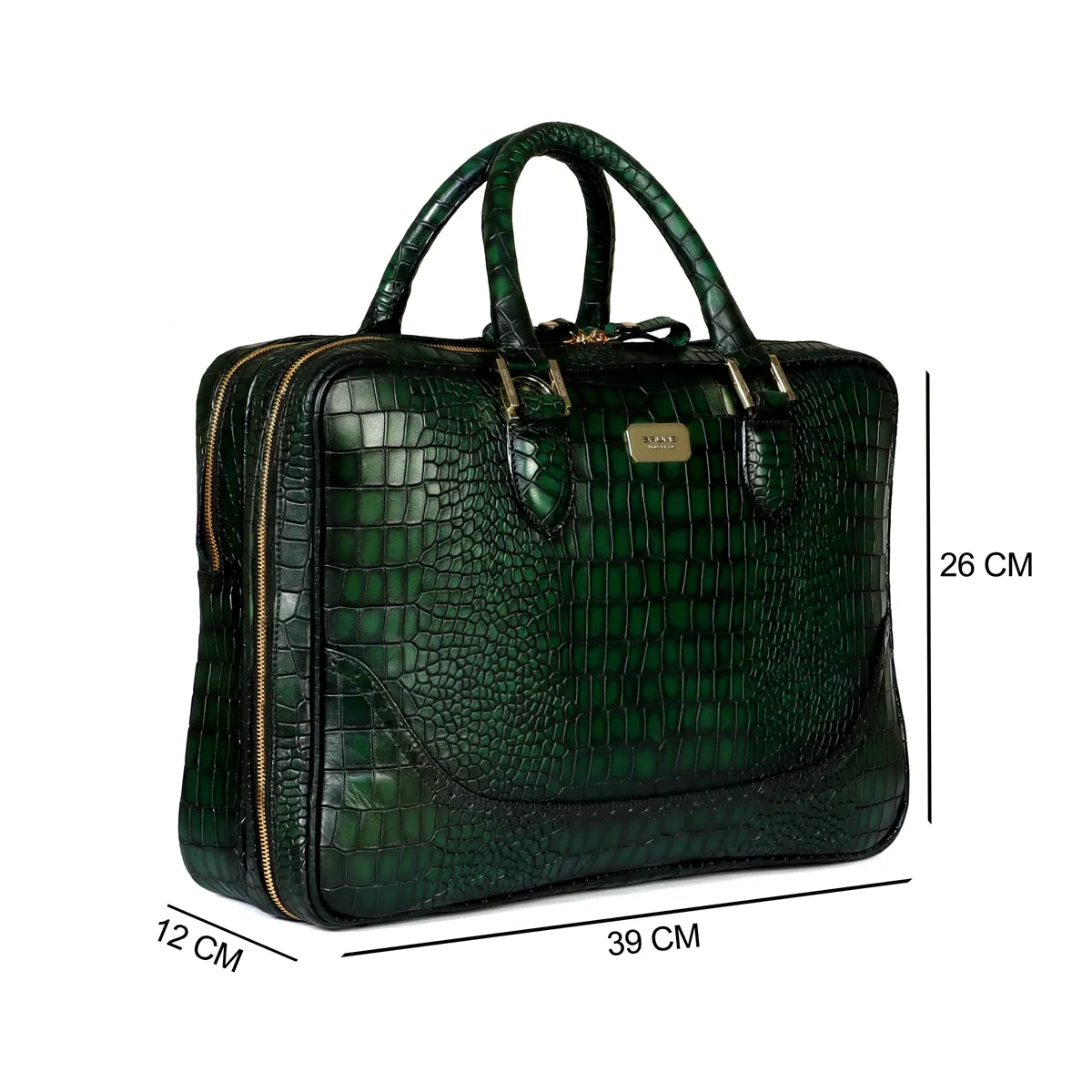 Smokey Finish Laptop Briefcase in Green Brogue Detailing Croco Textured Leather