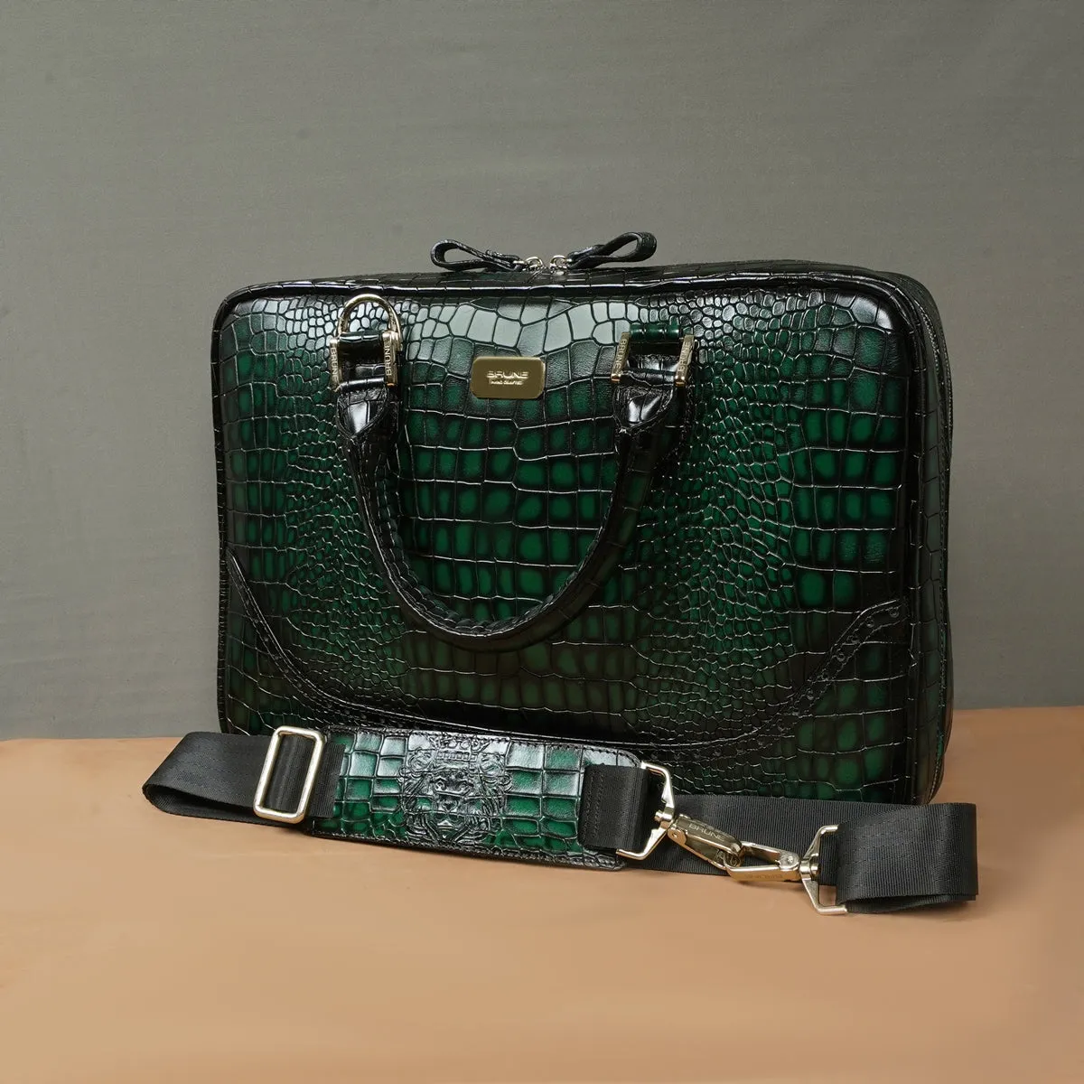 Smokey Finish Laptop Briefcase in Green Brogue Detailing Croco Textured Leather