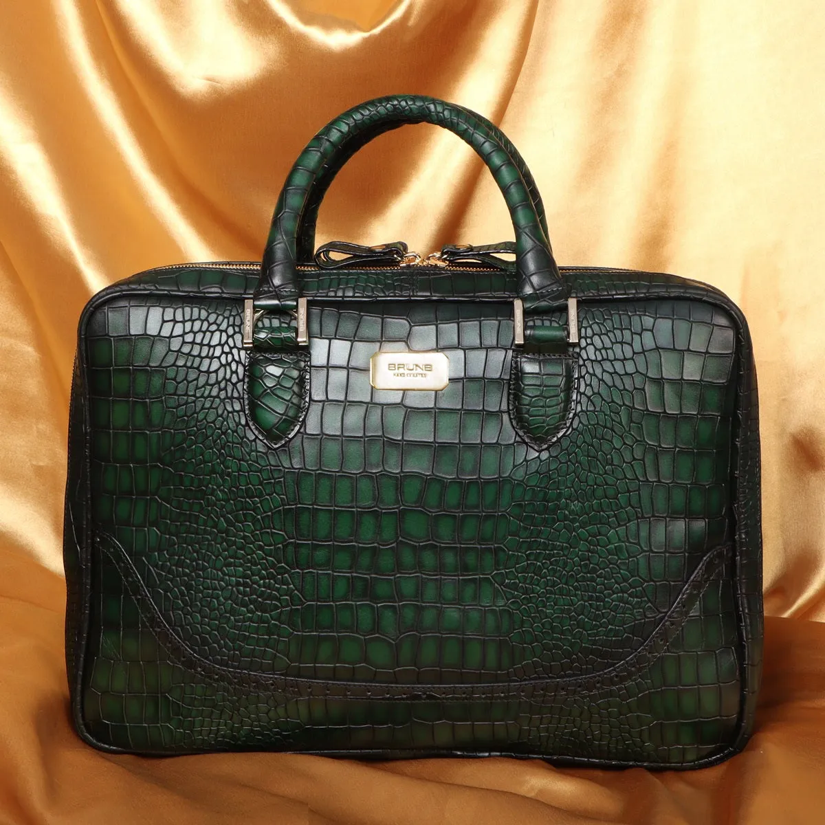 Smokey Finish Laptop Briefcase in Green Brogue Detailing Croco Textured Leather