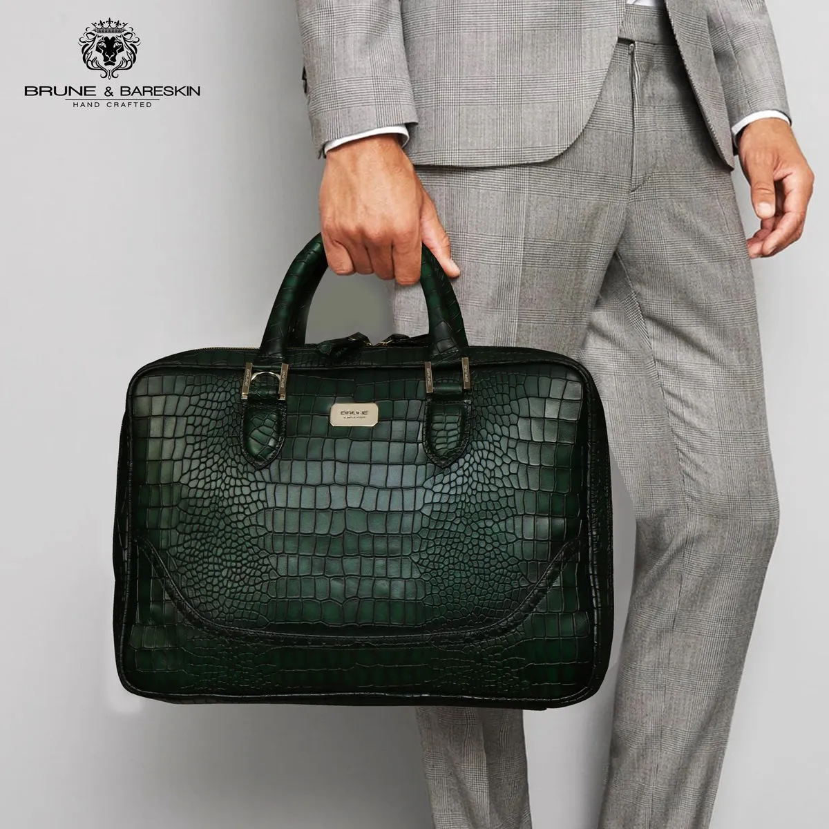 Smokey Finish Laptop Briefcase in Green Brogue Detailing Croco Textured Leather