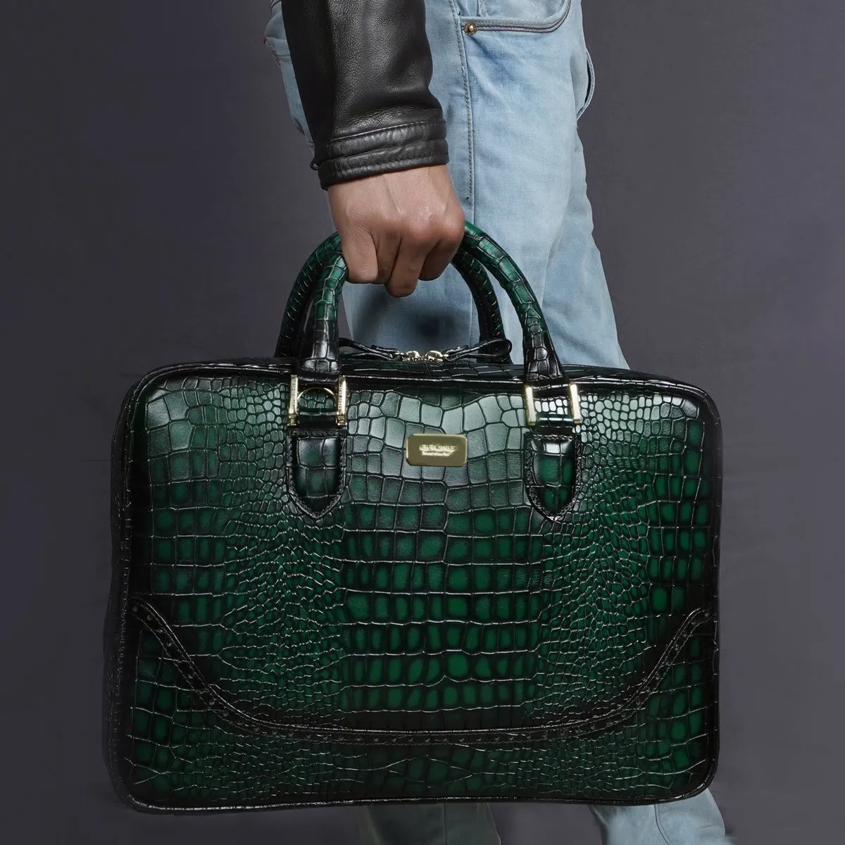 Smokey Finish Laptop Briefcase in Green Brogue Detailing Croco Textured Leather