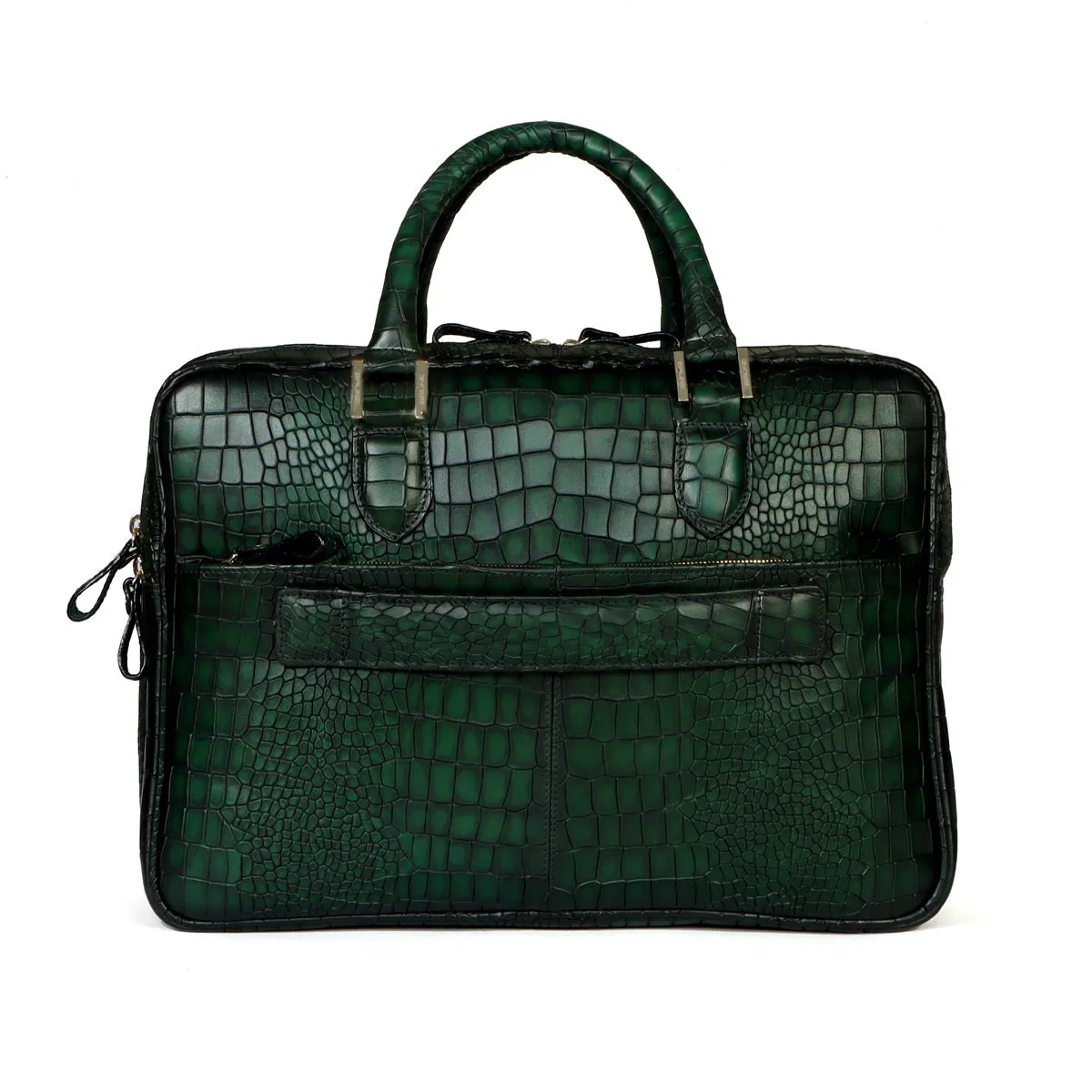 Smokey Finish Laptop Briefcase in Green Brogue Detailing Croco Textured Leather