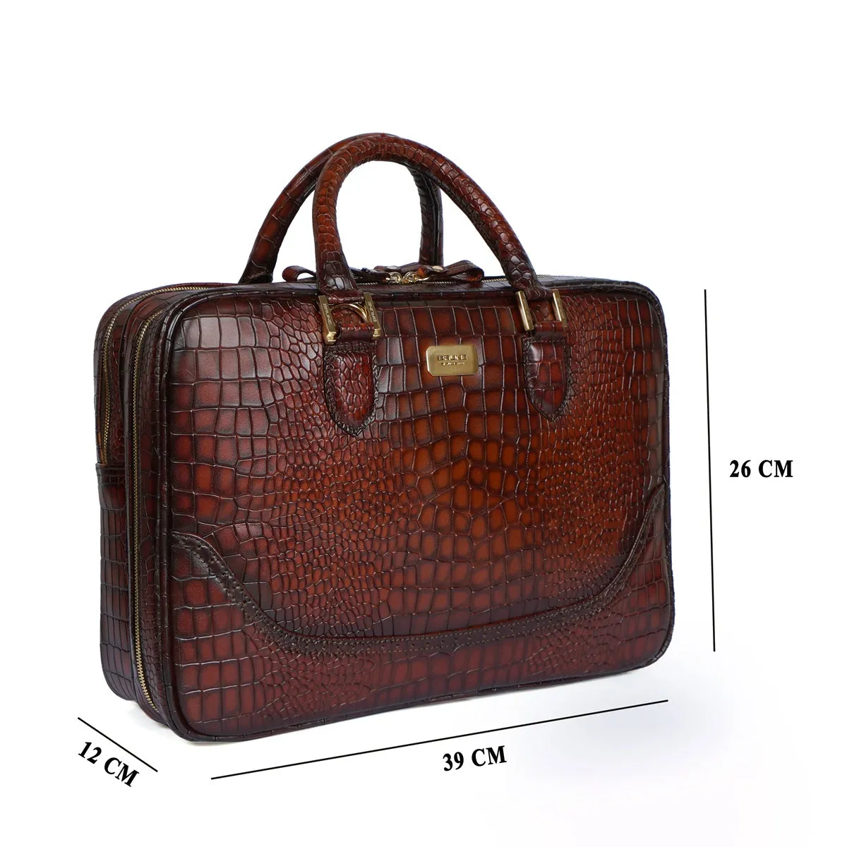 Smokey Finish Leather Laptop Briefcase in Croco Textured Espresso Brogue Detailing