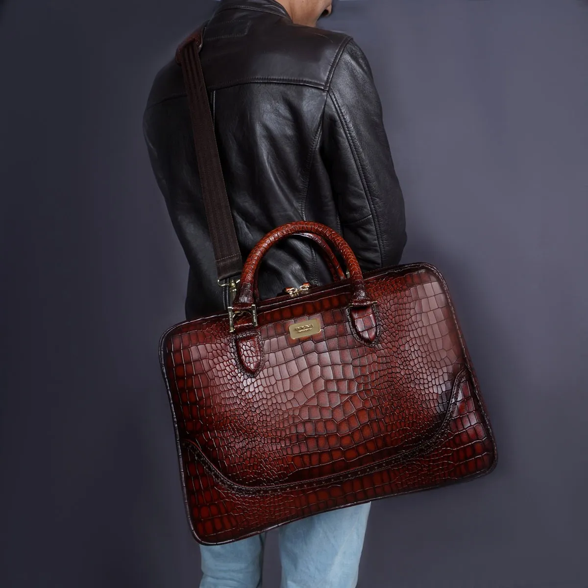 Smokey Finish Leather Laptop Briefcase in Croco Textured Espresso Brogue Detailing