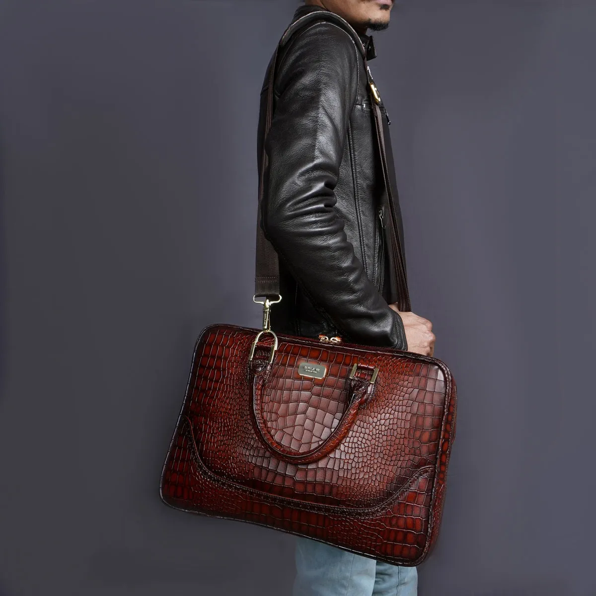 Smokey Finish Leather Laptop Briefcase in Croco Textured Espresso Brogue Detailing