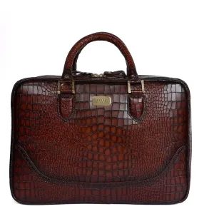 Smokey Finish Leather Laptop Briefcase in Croco Textured Espresso Brogue Detailing