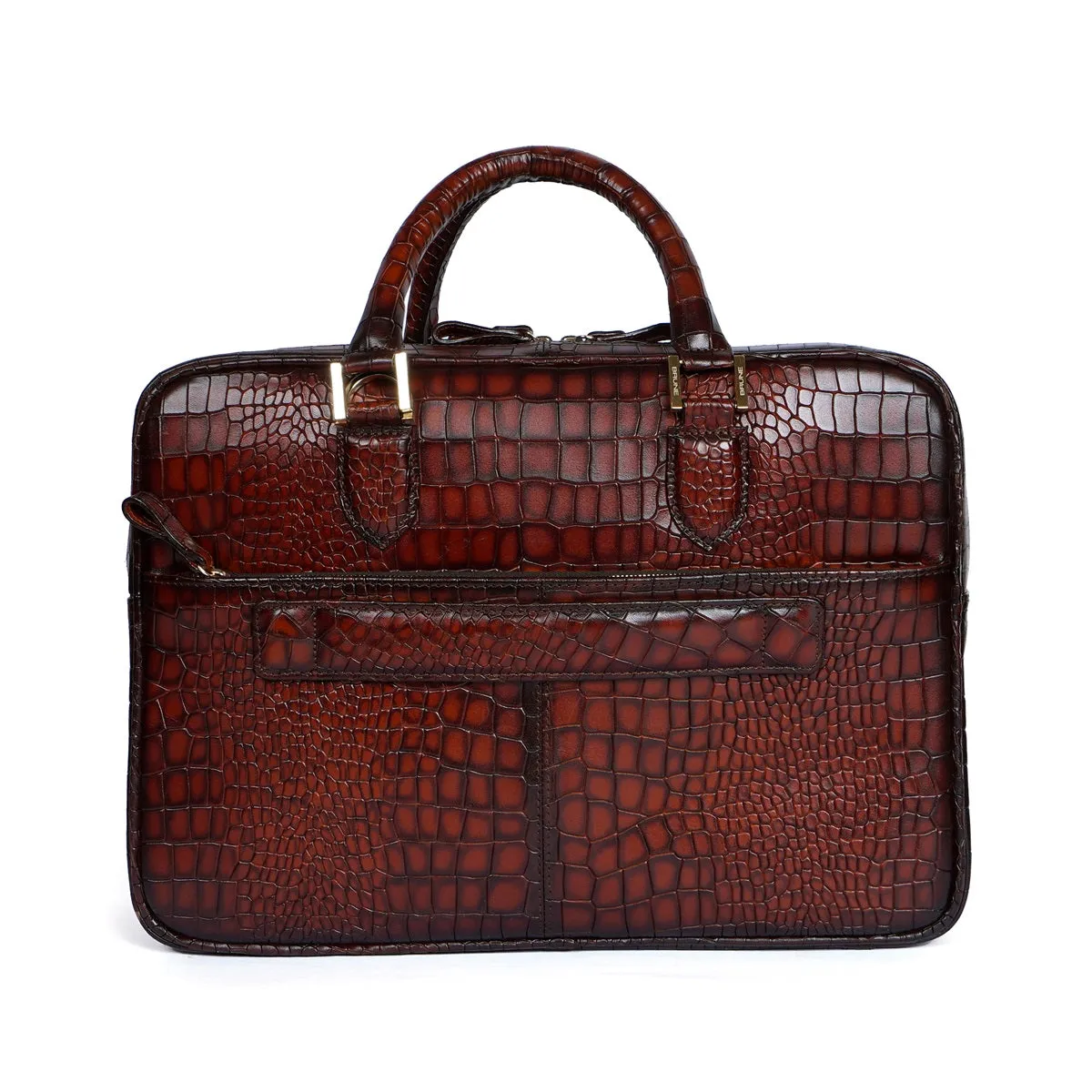 Smokey Finish Leather Laptop Briefcase in Croco Textured Espresso Brogue Detailing