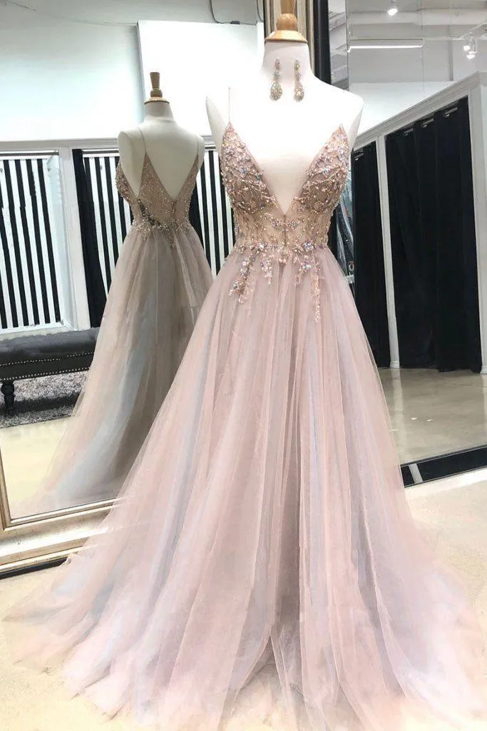 Spaghetti Straps Sexy V Neck Prom Dresses Beaded Long Formal Dress  PG844