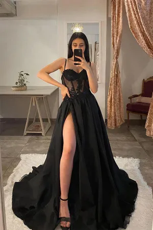 Spaghetti Straps Thigh Split Lace Appliques Black Prom Dresses PSK359