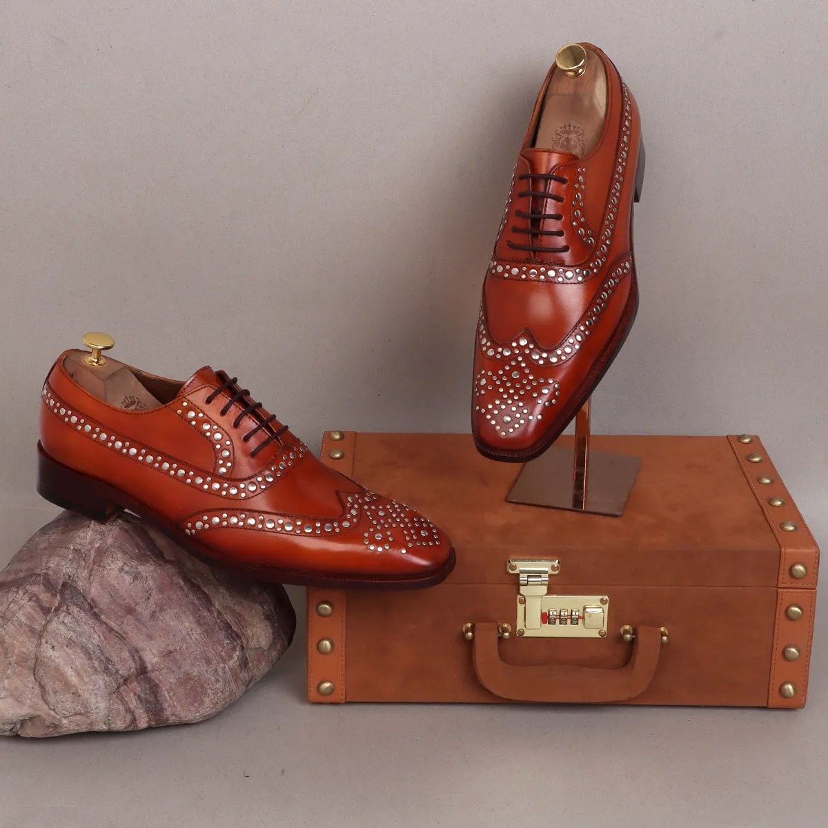 Studded Tan Long Tail Brogues/Oxford Leather Shoe By Brune & Bareskin